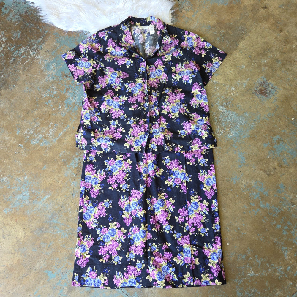 Vintage 90s Floral Cottagecore Skirt Top Set Size XL Dark Floral Linen Blend